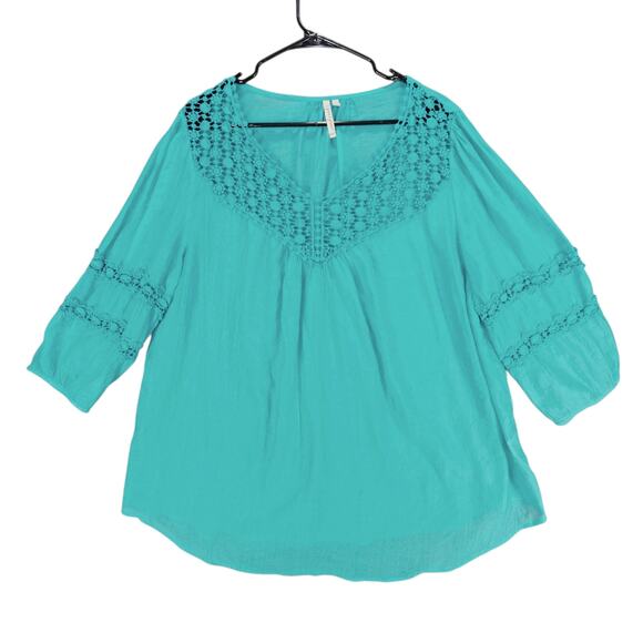 grand & greene Top sz 1X Women Aqua Blue Pink Peasant Boho Fairy Balloon Sleeves - Picture 2 of 14